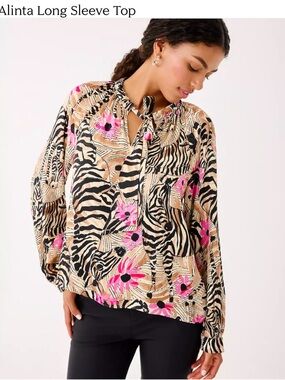 Lilly Pulitzer Tan, Black & Pink Zebra-Print Floral Blouse